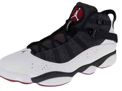 High Top Black And White Shoes With Red Jumpman Logo Mesh Design And Rubber Sole 3d model