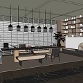Modern Tea Room Interior Design With Pendant Lights Long Table Shelves And Wooden Floor