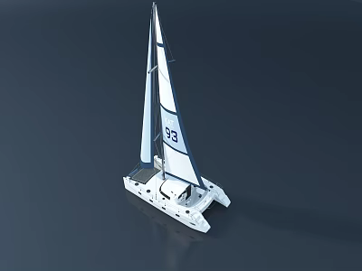 White Catamaran Sailboat With White Sails And Number 58 On Sail Surface 3d model