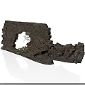 Modern Scene Of Collapsed Brick Wall With Gap Growing Greenery And Scattered Bricks