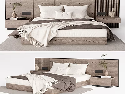 Modern Wooden Double Bed With Headboard Nightstands Pillows Blankets And Decorative Plant 3d model