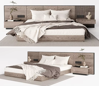 Modern Wooden Double Bed With Headboard Nightstands Pillows Blankets And Decorative Plant 3d model