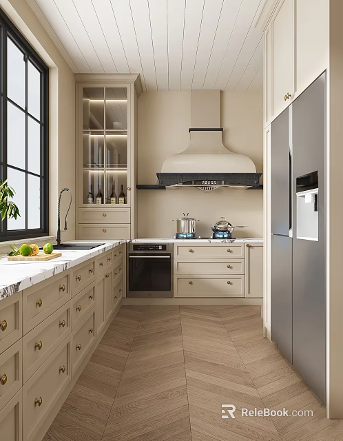 Light Colored Modern Kitchen Interior With Marble Countertop Cabinets And Range Hood 3d model