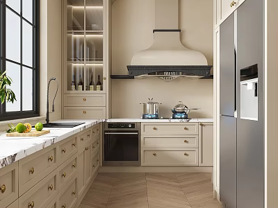Light Colored Modern Kitchen Interior With Marble Countertop Cabinets And Range Hood 3d model