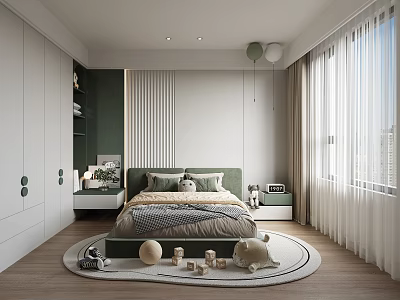 Kids Room Interior With Green Headboard Bed Stuffed Toys Round Rug Toy Blocks White Curtains 3d model