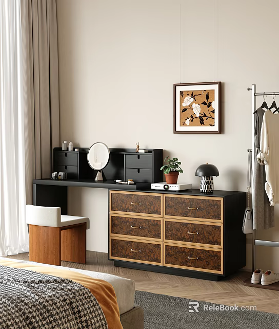 Stylish Dressing Table With Black Countertop Round Mirror Green Plant Wooden Stool And Wall Art 3d model 