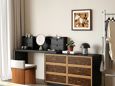 Stylish Dressing Table With Black Countertop Round Mirror Green Plant Wooden Stool And Wall Art 3d model