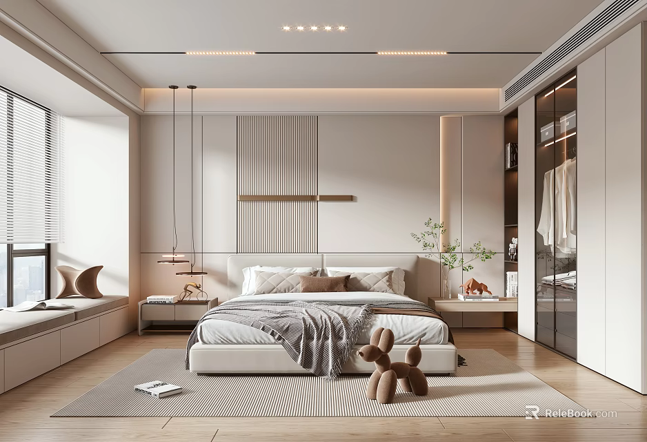 Modern Minimalist Bedroom Interior With Bedside Table Pendant Lights Soft Rug And Wall Paneling 3d model 
