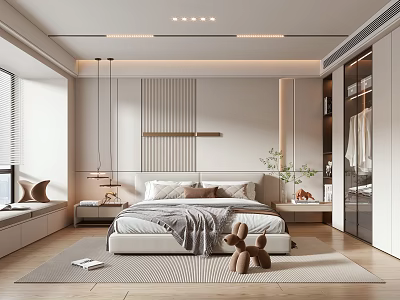 Modern Minimalist Bedroom Interior With Bedside Table Pendant Lights Soft Rug And Wall Paneling 3d model