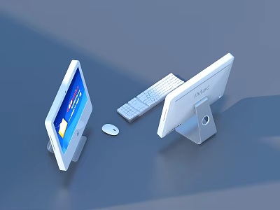 White Modern Desktop Computers With Dual Monitors Keyboard Mouse And Screen 3d model
