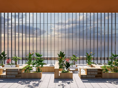Indoor Landscape With Large Glass Windows Lush Green Plants And Wooden Planters 3d model