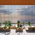 Indoor Landscape With Large Glass Windows Lush Green Plants And Wooden Planters