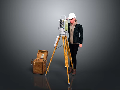 Surveying Instrument On Tripod With Brown Case And Person In White Hard Hat 3d model