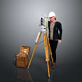 Surveying Instrument On Tripod With Brown Case And Person In White Hard Hat