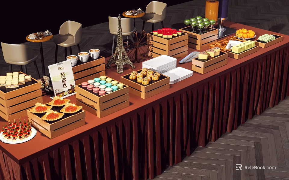 Buffet Table Setup With Various Foods In Wooden Trays And Eiffel Tower Decoration 3d model 