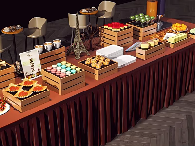 Buffet Table Setup With Various Foods In Wooden Trays And Eiffel Tower Decoration 3d model