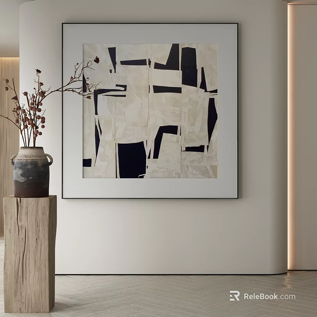 Abstract Painting on Light Colored Wall with Wooden Pedestal and Dried Flowers Vase 3d model 