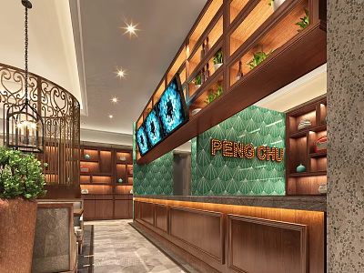 Restaurant Reception Area Featuring Green Diamond Pattern Wall Wooden Shelves Green Plants And Iron Chandelier 3d model