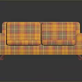 Plaid Patterned Two Seater Sofa In Orange And Yellow With Armrests And Wooden Legs