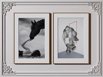 Two Framed Artworks With Black White Horse Human Interaction And Abstract Sculpture 3d model