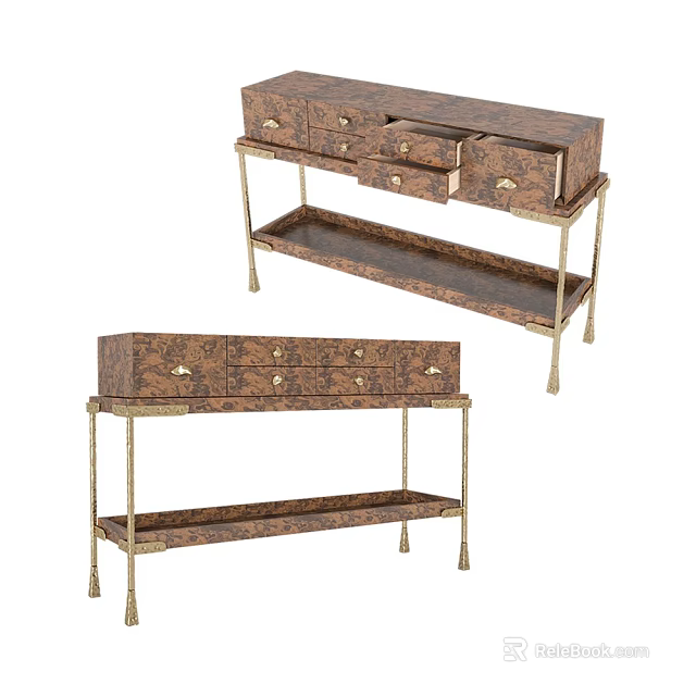 Elegant Decorative Cabinet With Drawers Textured Surface And Gold Metal Legs 3d model 
