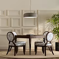 Functional Dining Table with Patterned Cushion Chairs Pendant Light Paneled Wall and Potted Plant 3d model