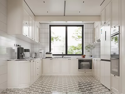 Modern Kitchen Interior With White Cabinets Large Window Appliances Tiled Walls And Patterned Floor 3d model