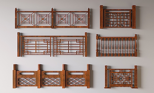 New Chinese Style Solid Wood Railing Hollow Carved Fence Guardrail 3d model