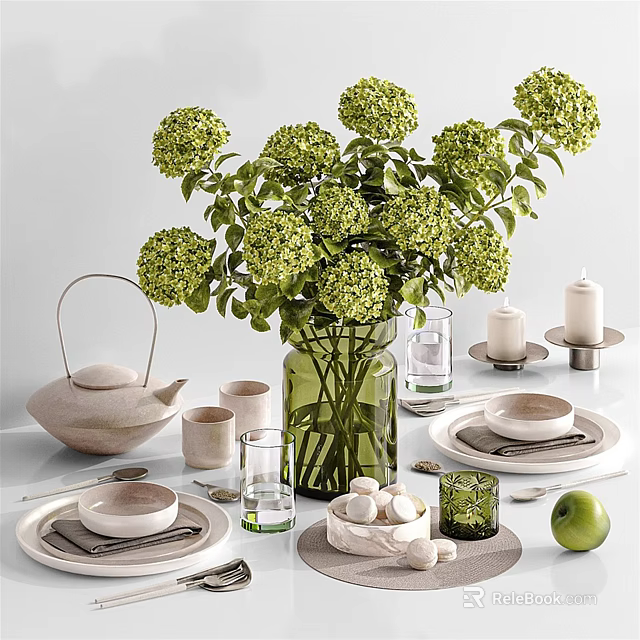 Natural Table Dinnerware Set With Green Hydrangeas Teapot Cups Plates And Glassware 3d model 