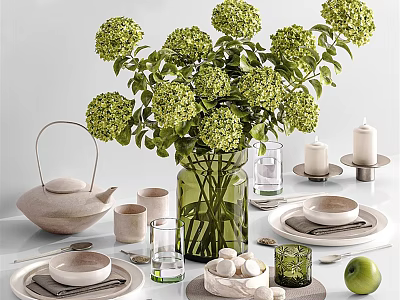 Natural Table Dinnerware Set With Green Hydrangeas Teapot Cups Plates And Glassware 3d model