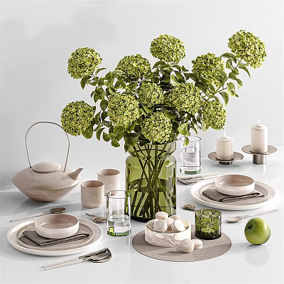 Natural Table Dinnerware Set With Green Hydrangeas Teapot Cups Plates And Glassware 3d model