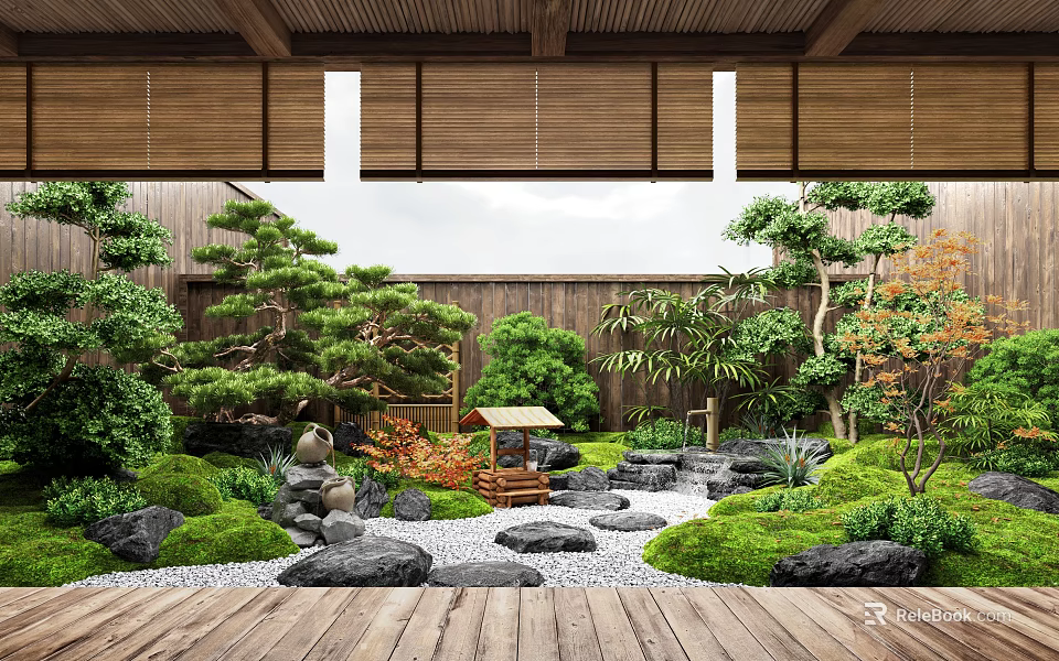 Serene Japanese Garden With Wooden Deck Green Plants Pine Trees Moss Stones And Small Pavilion 3d model 