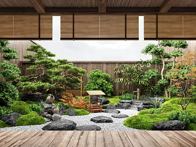 Serene Japanese Garden With Wooden Deck Green Plants Pine Trees Moss Stones And Small Pavilion 3d model