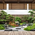 Serene Japanese Garden With Wooden Deck Green Plants Pine Trees Moss Stones And Small Pavilion