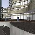Modern Commercial Street With Curved Architecture Water Feature And Open Plaza