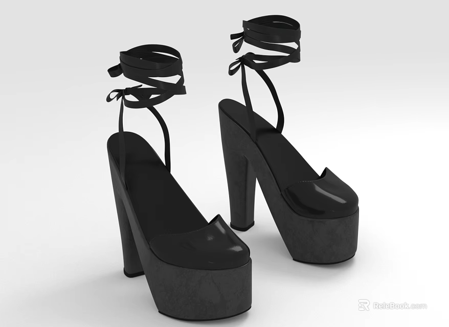 Fashionable Black Strappy Platform High Heel Shoes With Trendy Design And Thick Sole 3d model 