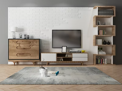 Modern TV Stand With White Brick Wall Multi Tiered Bookshelves And Decorative Items 3d model