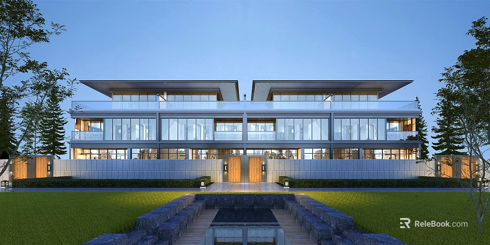 Modern Townhouse Exterior With Glass Facade Lawn And Water Feature 3d model 