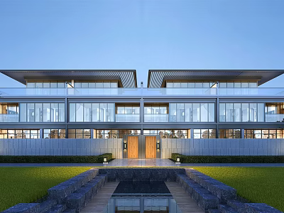 Modern Townhouse Exterior With Glass Facade Lawn And Water Feature 3d model