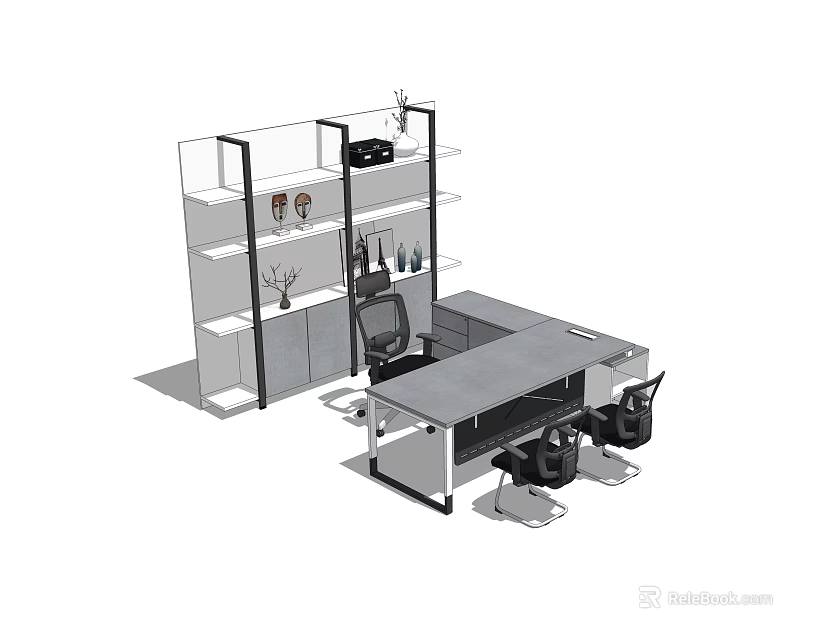 Modern Office Desk Setup With Open Shelving Unit And Ergonomic Chairs 3d model