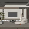 Modern Living Room Interior With White Sofa TV Wall Green Plant And Round Coffee Table