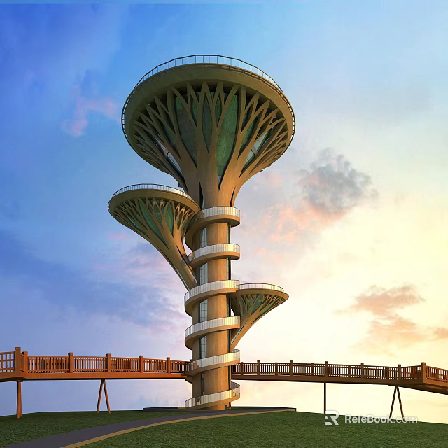 Spiral Multi Tiered Tower With Wooden Walkway Against Sunset Sky And Clouds 3d model 