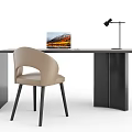 Modern Minimalist Dark Colored Desk With Beige Chair Laptop And Desk Lamp
