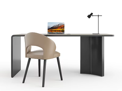 Modern Minimalist Dark Colored Desk With Beige Chair Laptop And Desk Lamp 3d model