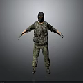 3D Character in Camouflage Uniform Black Balaclava Standing Arms Outstretched Gray Background 3d model
