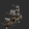 Vintage Wooden Sailing Ship With Multiple White Sails And Carved Hull Details