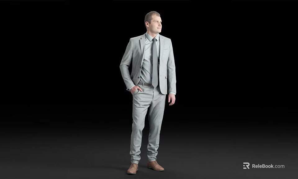 Man In Light Gray Suit With Tie Standing Against Black Background 3d model 