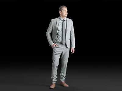 Man In Light Gray Suit With Tie Standing Against Black Background 3d model