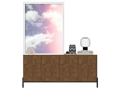 Stylish Interior Decor With Brown Woven Cabinet Sky Painting And Table Lamp 3d model