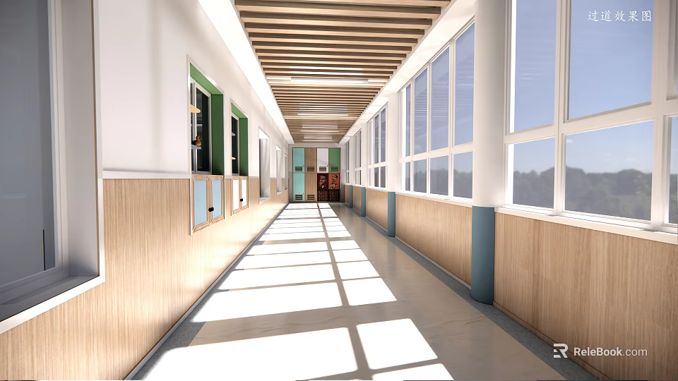 Spacious Bright Elevator Corridor With Large Windows Wooden Ceiling And Natural Light 3d model 